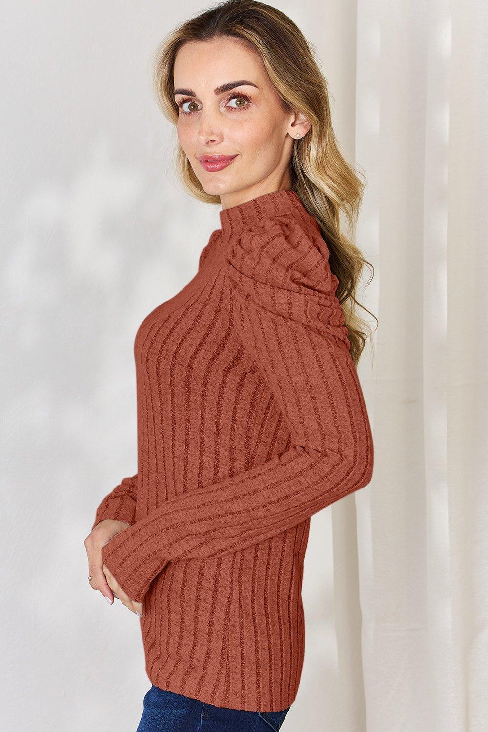 Basic Bae Full Size Ribbed Mock Neck Puff Sleeve T - Shirt - Admiresty
