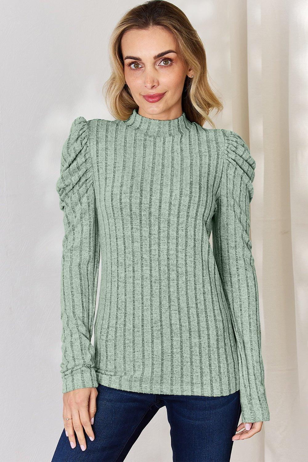 Basic Bae Full Size Ribbed Mock Neck Puff Sleeve T - Shirt - Admiresty
