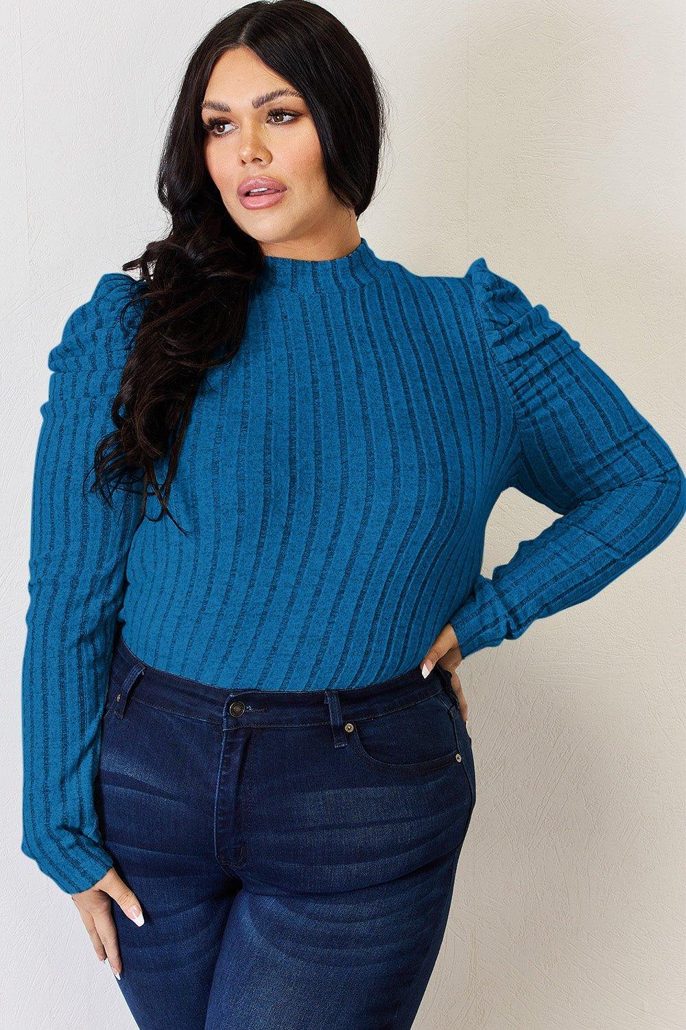 Basic Bae Full Size Ribbed Mock Neck Puff Sleeve T - Shirt - Admiresty