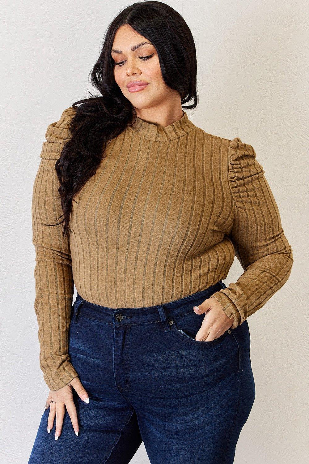 Basic Bae Full Size Ribbed Mock Neck Puff Sleeve T - Shirt - Admiresty