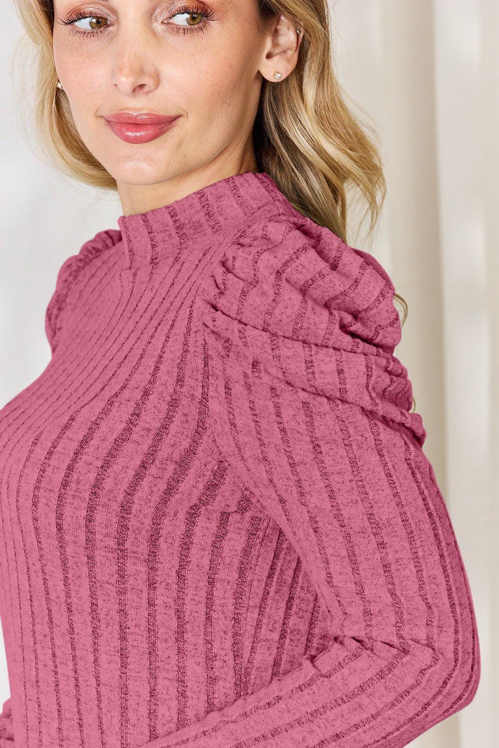 Basic Bae Full Size Ribbed Mock Neck Puff Sleeve T - Shirt - Admiresty
