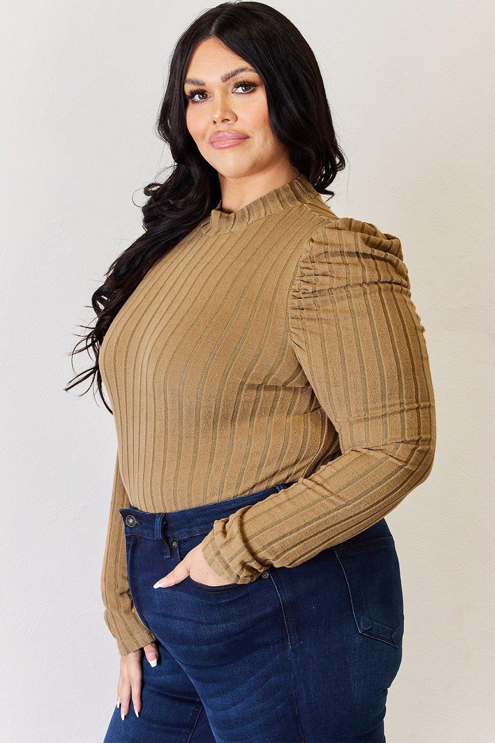 Basic Bae Full Size Ribbed Mock Neck Puff Sleeve T - Shirt - Admiresty