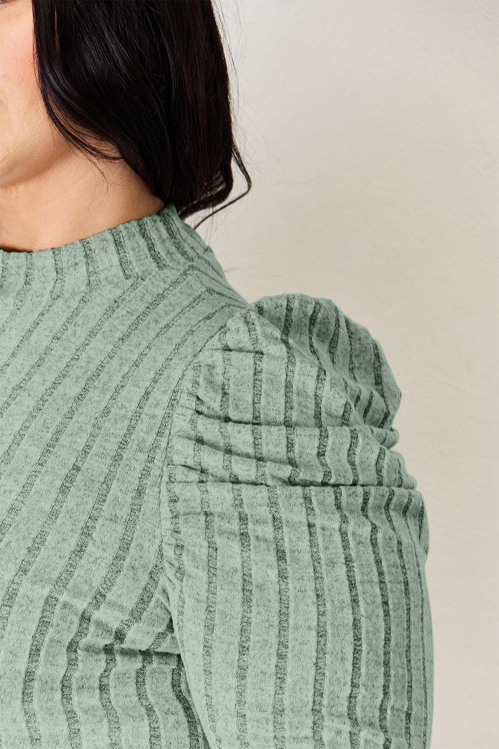Basic Bae Full Size Ribbed Mock Neck Puff Sleeve T - Shirt - Admiresty