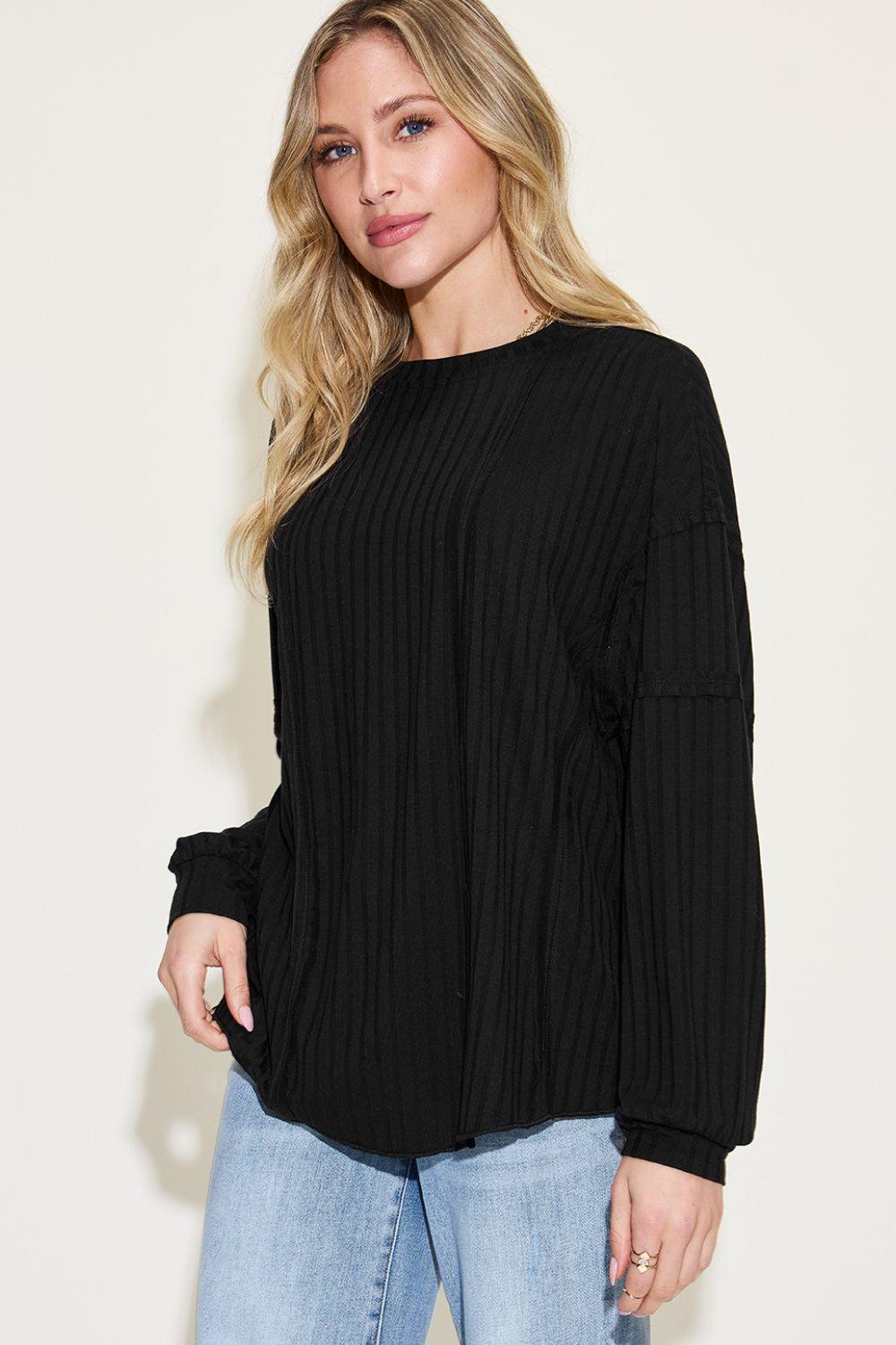 Basic Bae Full Size Ribbed Round Neck Long Sleeve T - Shirt - Admiresty