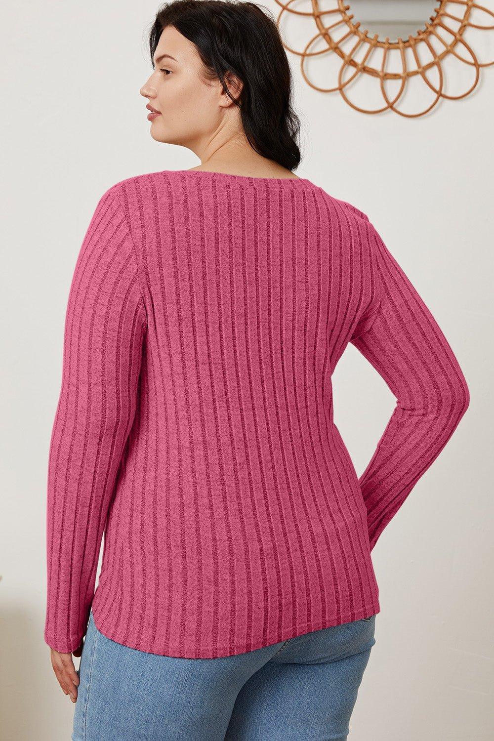 Basic Bae Full Size Ribbed V - Neck Long Sleeve T - Shirt - Admiresty