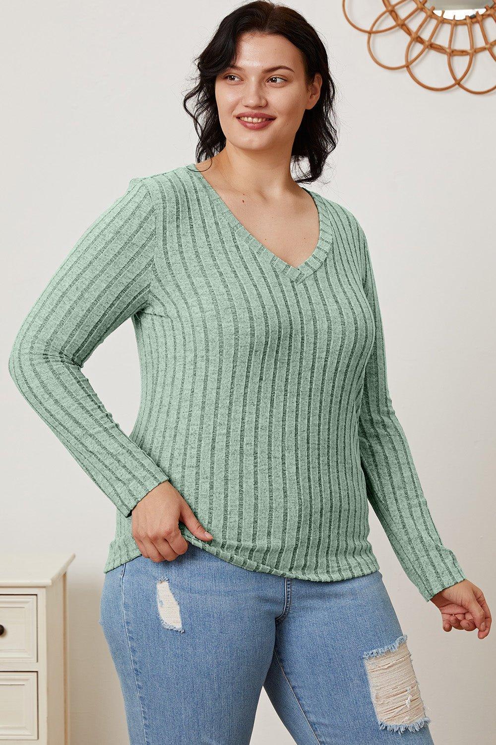 Basic Bae Full Size Ribbed V - Neck Long Sleeve T - Shirt - Admiresty