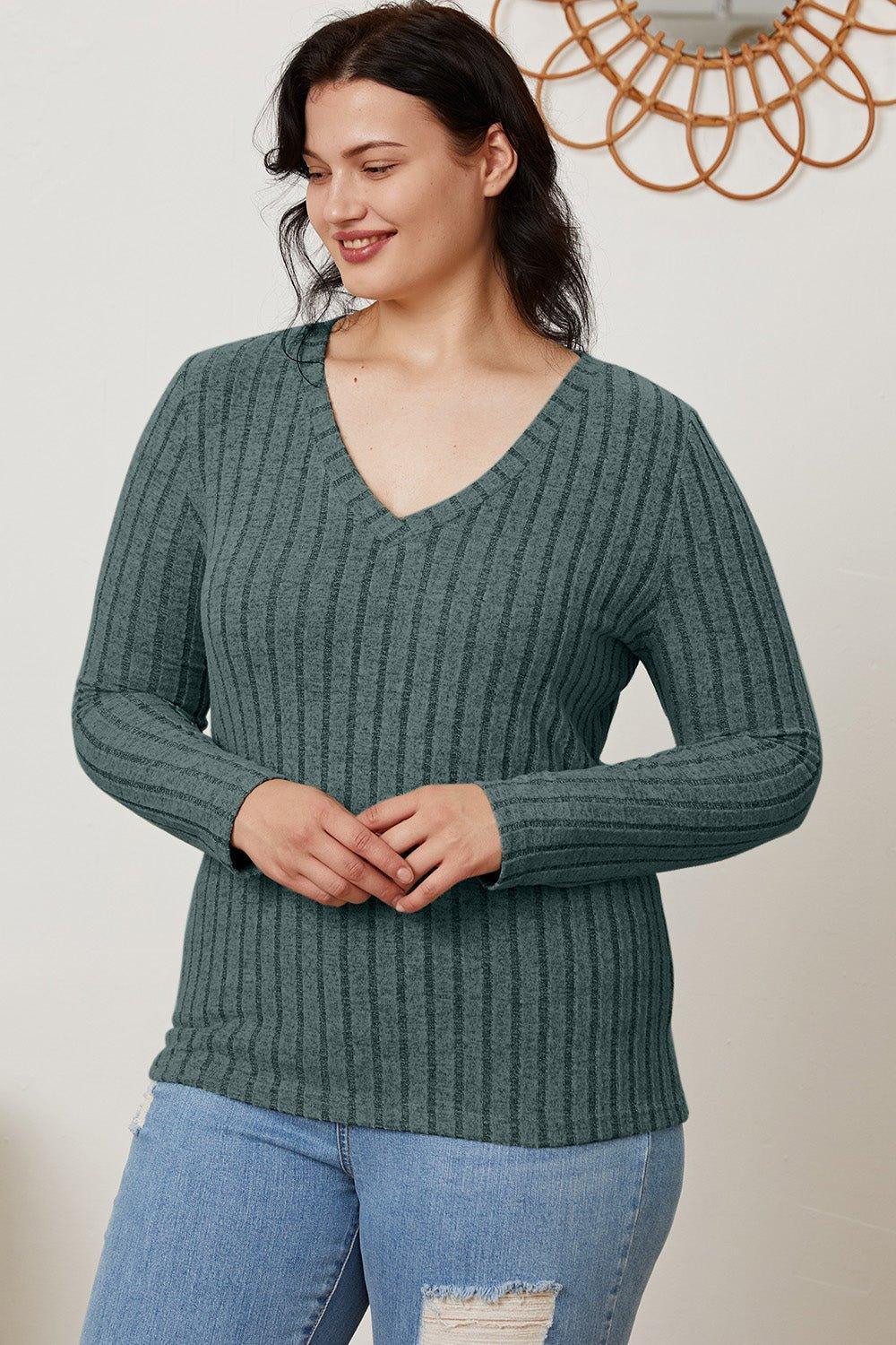 Basic Bae Full Size Ribbed V - Neck Long Sleeve T - Shirt - Admiresty
