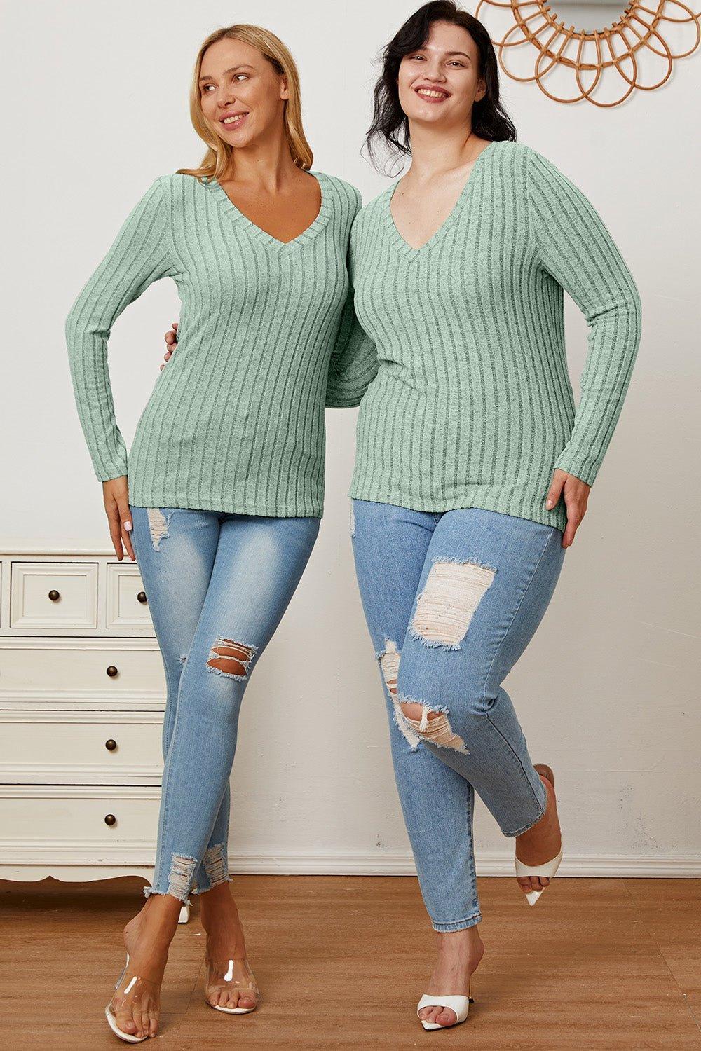 Basic Bae Full Size Ribbed V - Neck Long Sleeve T - Shirt - Admiresty