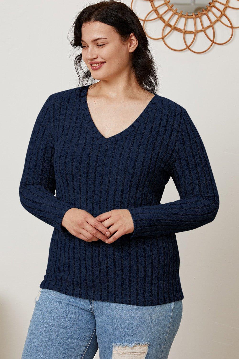 Basic Bae Full Size Ribbed V - Neck Long Sleeve T - Shirt - Admiresty