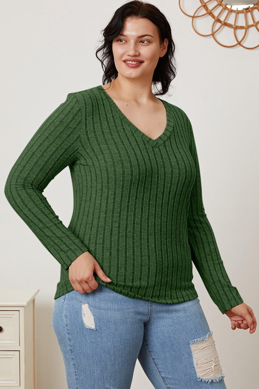 Basic Bae Full Size Ribbed V - Neck Long Sleeve T - Shirt - Admiresty