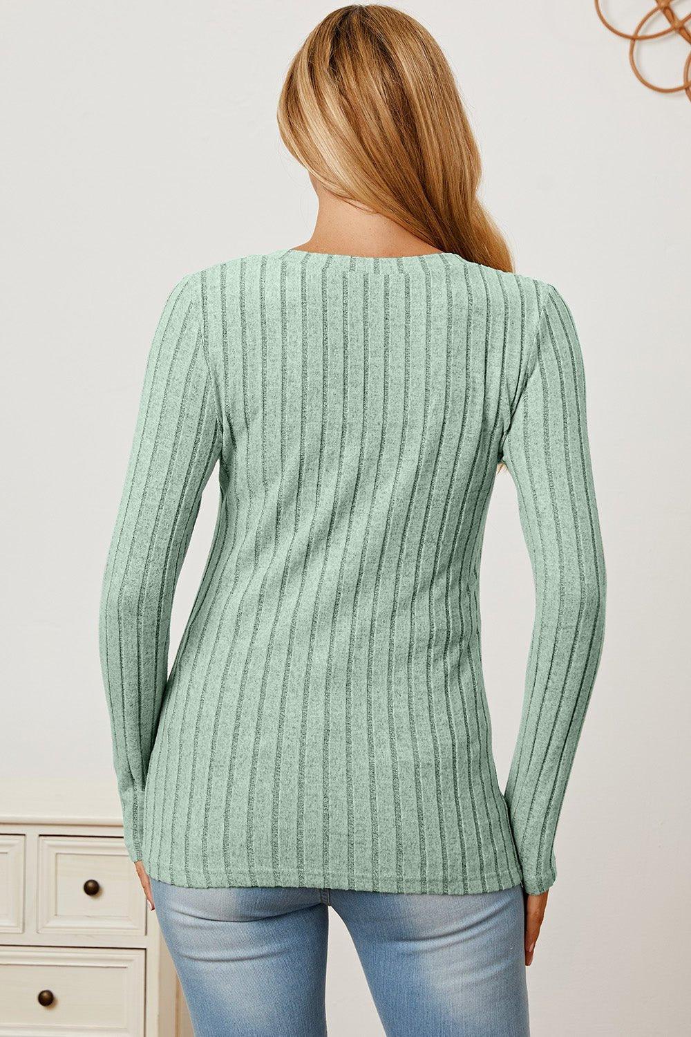 Basic Bae Full Size Ribbed V - Neck Long Sleeve T - Shirt - Admiresty