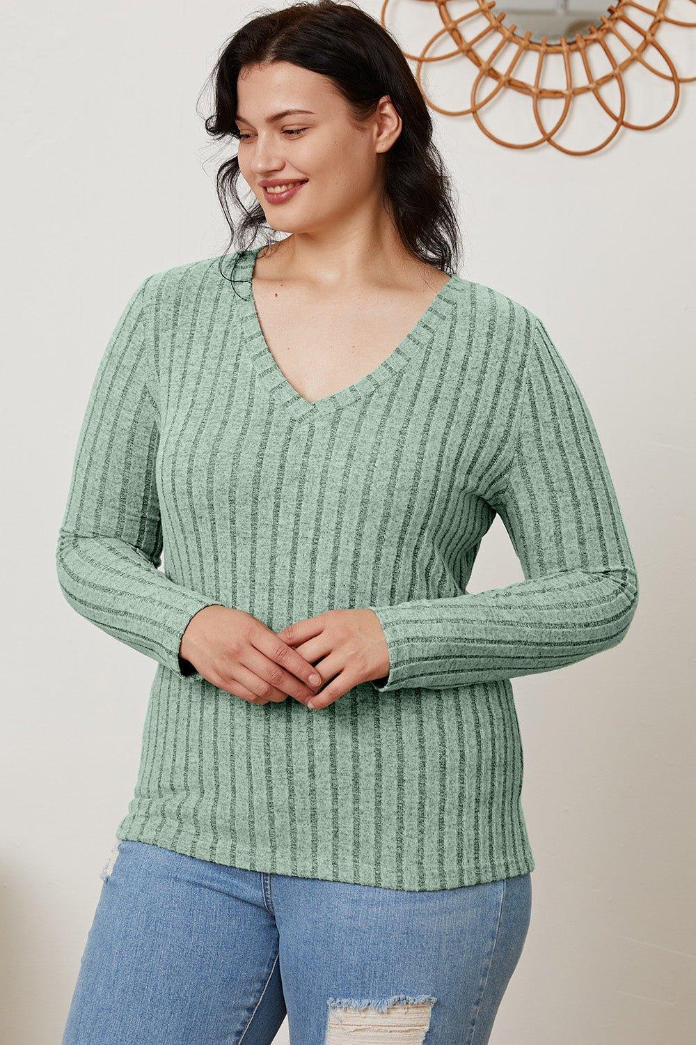 Basic Bae Full Size Ribbed V - Neck Long Sleeve T - Shirt - Admiresty