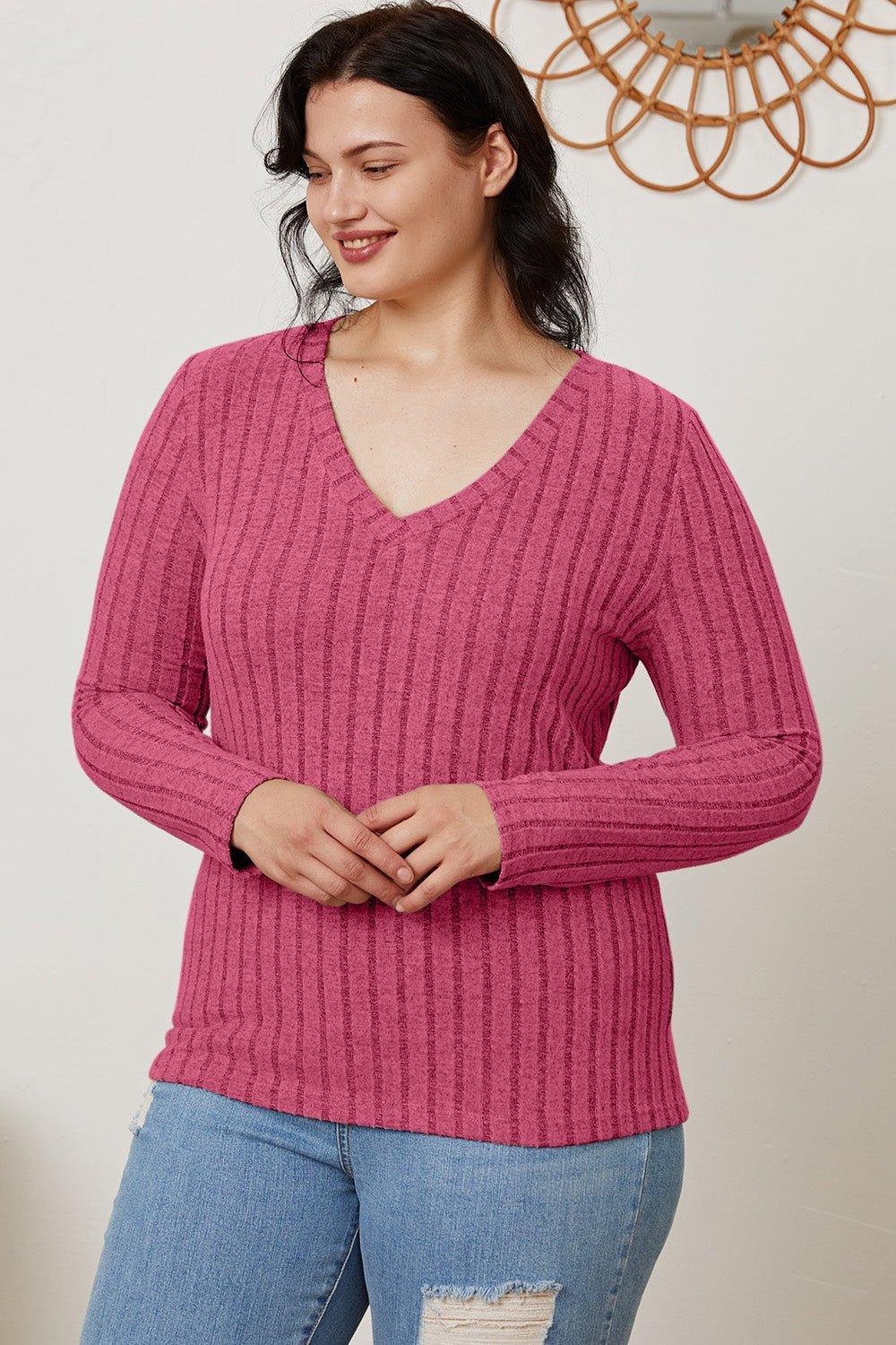 Basic Bae Full Size Ribbed V - Neck Long Sleeve T - Shirt - Admiresty