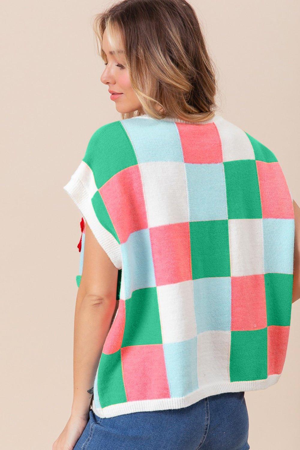 BiBi Flower Patch Checkered Sweater Vest - Admiresty