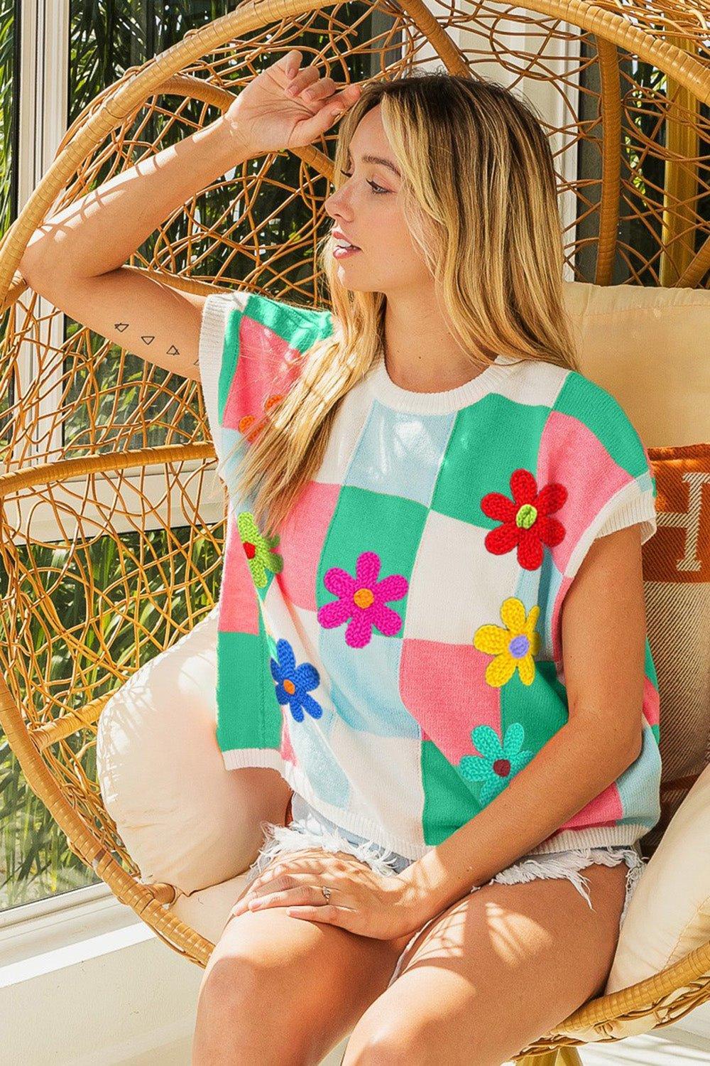 BiBi Flower Patch Checkered Sweater Vest - Admiresty