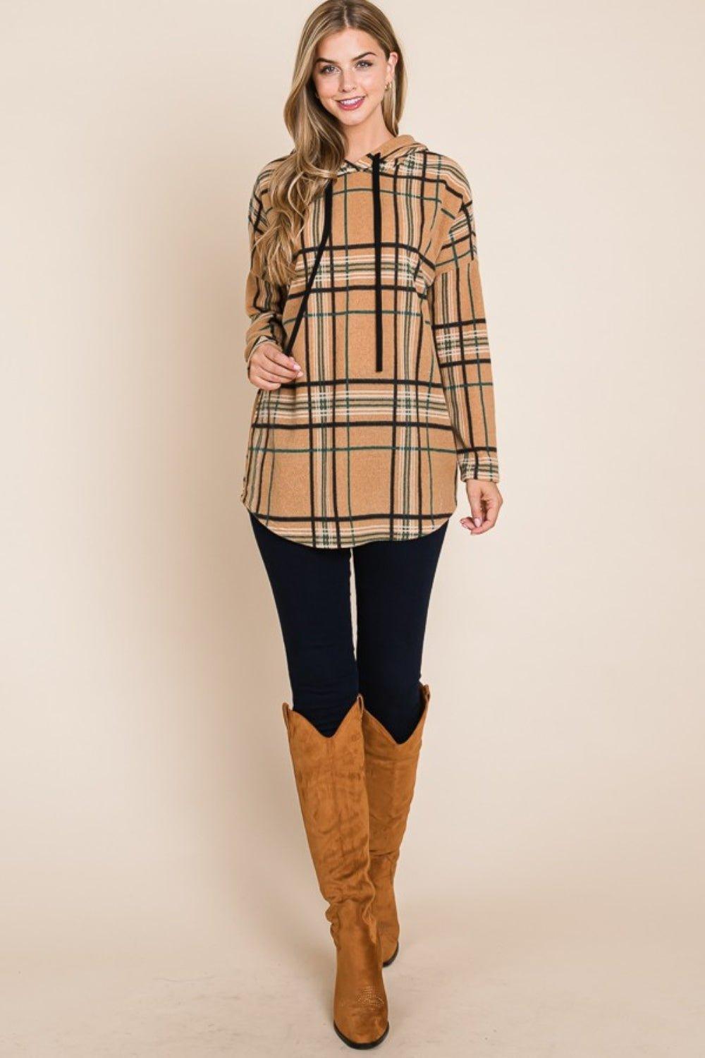BOMBOM Drawstring Plaid Long Sleeve Hoodie - Admiresty