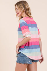 BOMBOM Striped Round Neck Half Sleeve T - Shirt - Admiresty
