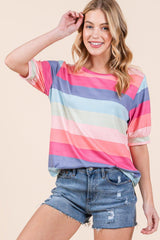BOMBOM Striped Round Neck Half Sleeve T - Shirt - Admiresty