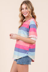 BOMBOM Striped Round Neck Half Sleeve T - Shirt - Admiresty