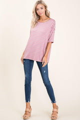 BOMBOM Striped Round Neck Half Sleeve T - Shirt - Admiresty