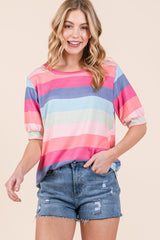 BOMBOM Striped Round Neck Half Sleeve T - Shirt - Admiresty