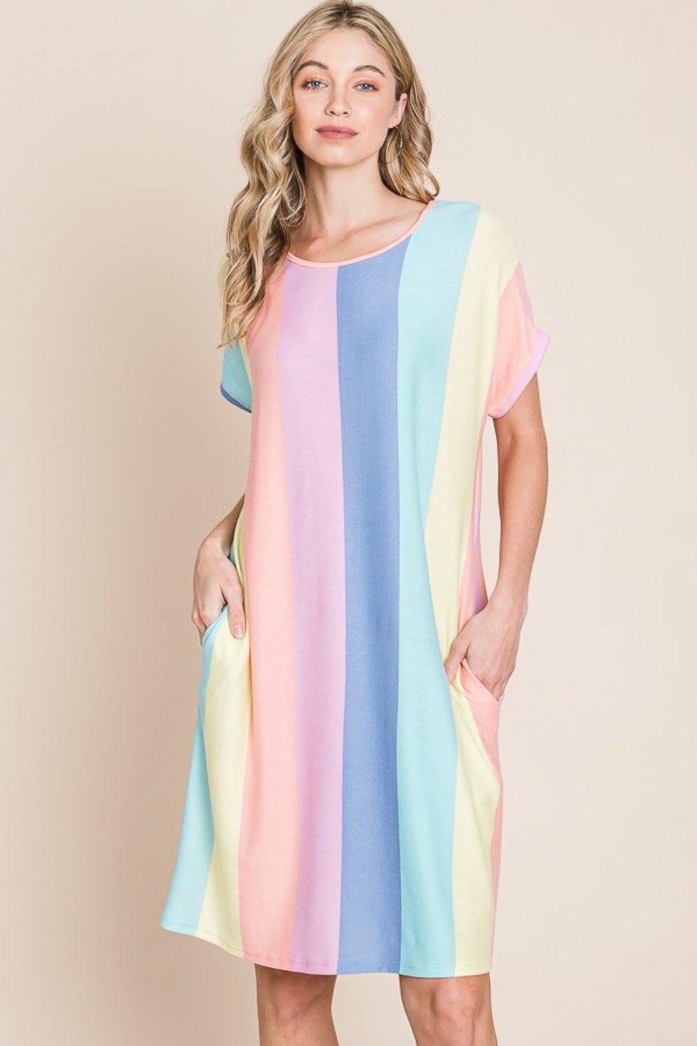 BOMBOM Striped Short Sleeve Dress with Pockets - Admiresty