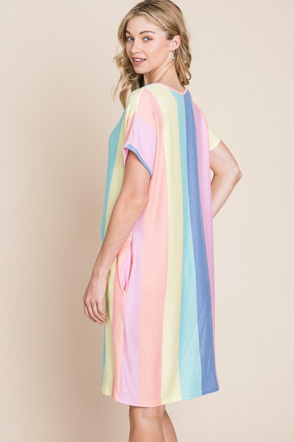 BOMBOM Striped Short Sleeve Dress with Pockets - Admiresty