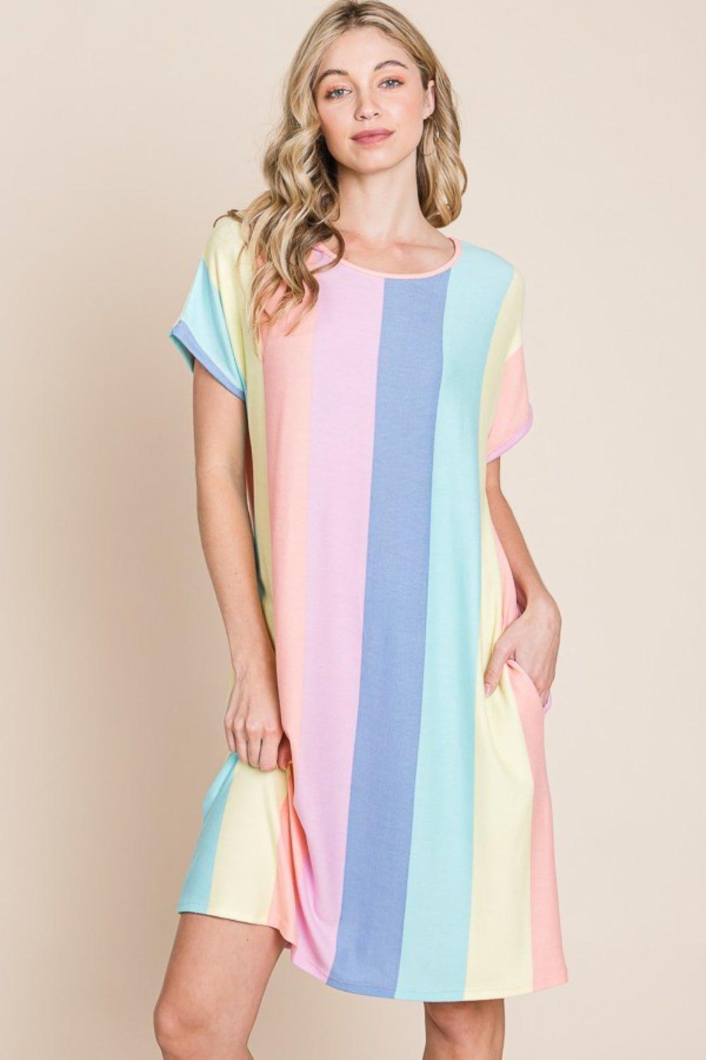BOMBOM Striped Short Sleeve Dress with Pockets - Admiresty