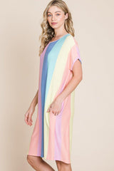 BOMBOM Striped Short Sleeve Dress with Pockets - Admiresty