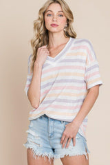 BOMBOM Striped V - Neck Short Sleeve T - Shirt - Admiresty