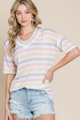 BOMBOM Striped V - Neck Short Sleeve T - Shirt - Admiresty