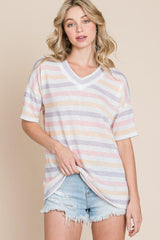 BOMBOM Striped V - Neck Short Sleeve T - Shirt - Admiresty