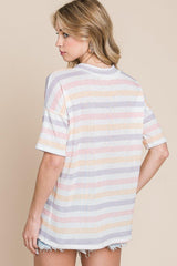 BOMBOM Striped V - Neck Short Sleeve T - Shirt - Admiresty