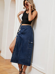Button Down Midi Denim Skirt - Admiresty