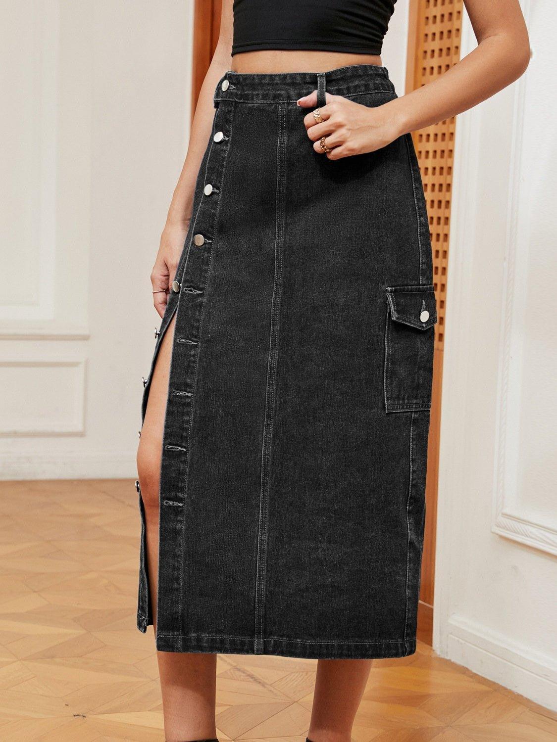 Button Down Midi Denim Skirt - Admiresty