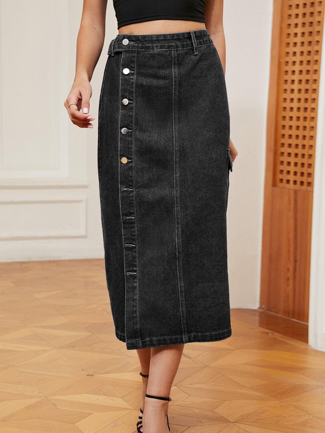 Button Down Midi Denim Skirt - Admiresty