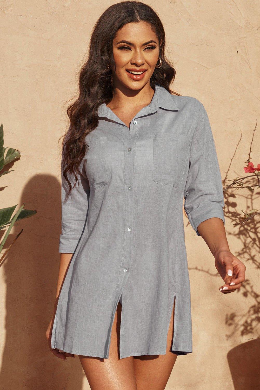 Button - Up Longline Shirt with Breast Pockets - Admiresty