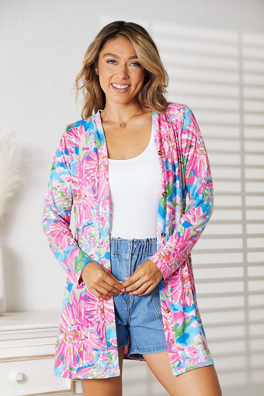 Double Take Floral Open Front Long Sleeve Cardigan - Admiresty