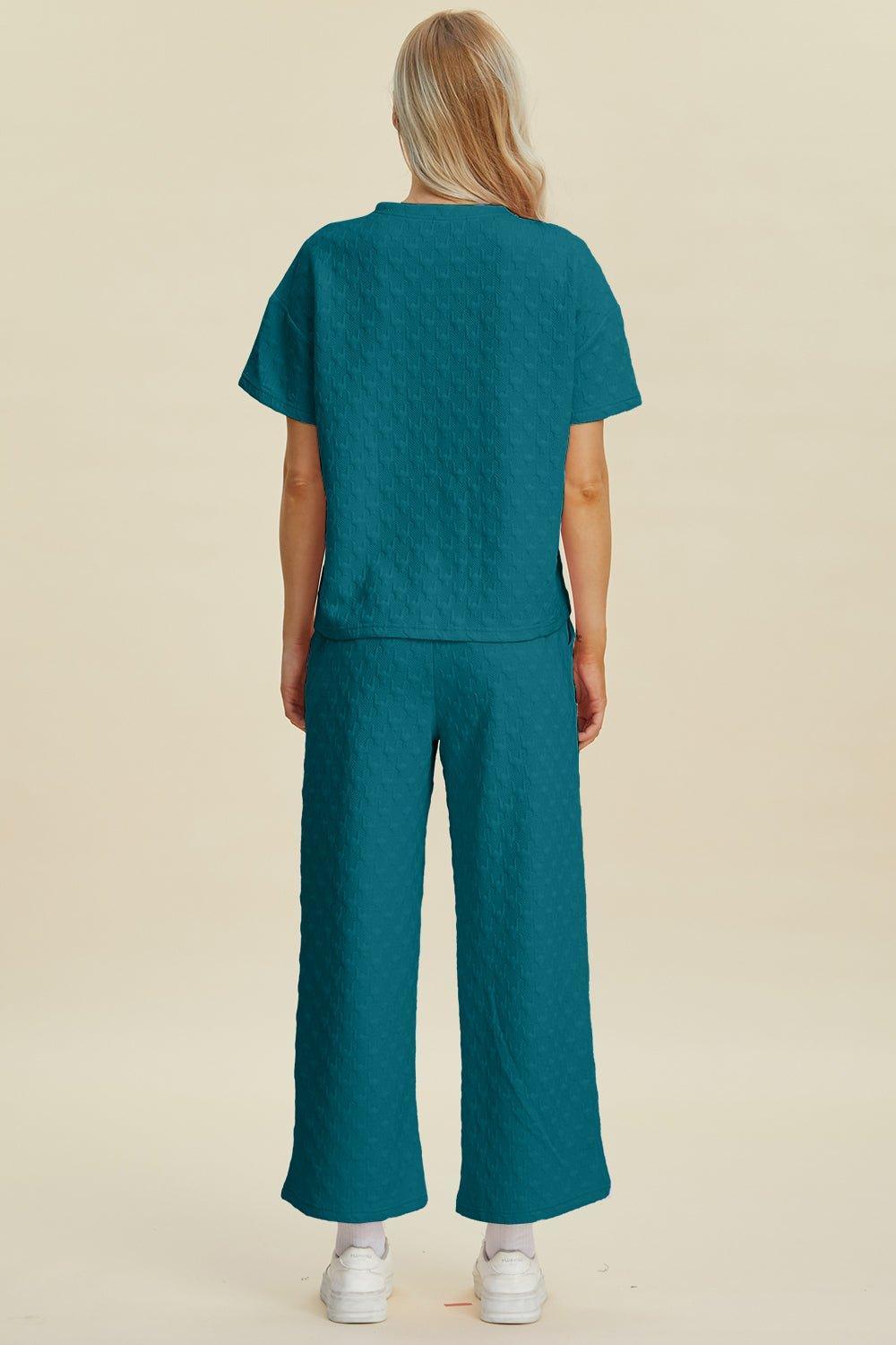 Double Take Full Size Texture Round Neck Short Sleeve Top and Pants Set - Admiresty